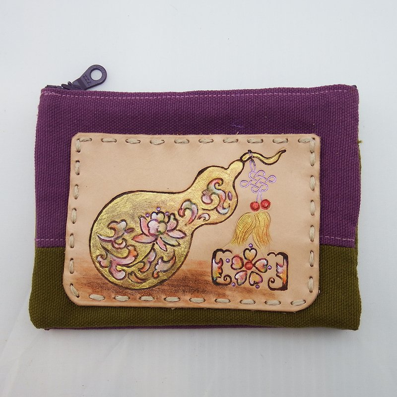 Hand made multi-layer leather wine bag fabric wallet - Coin Purses - Genuine Leather Purple