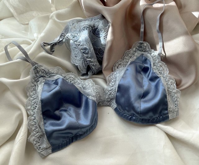 Set of satin lace with lining (bra+bottom), blue - Shop brababa