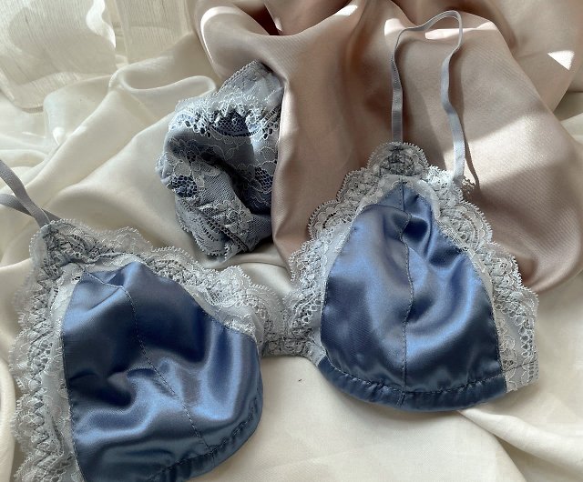 Set of satin lace with lining (bra+bottom), blue