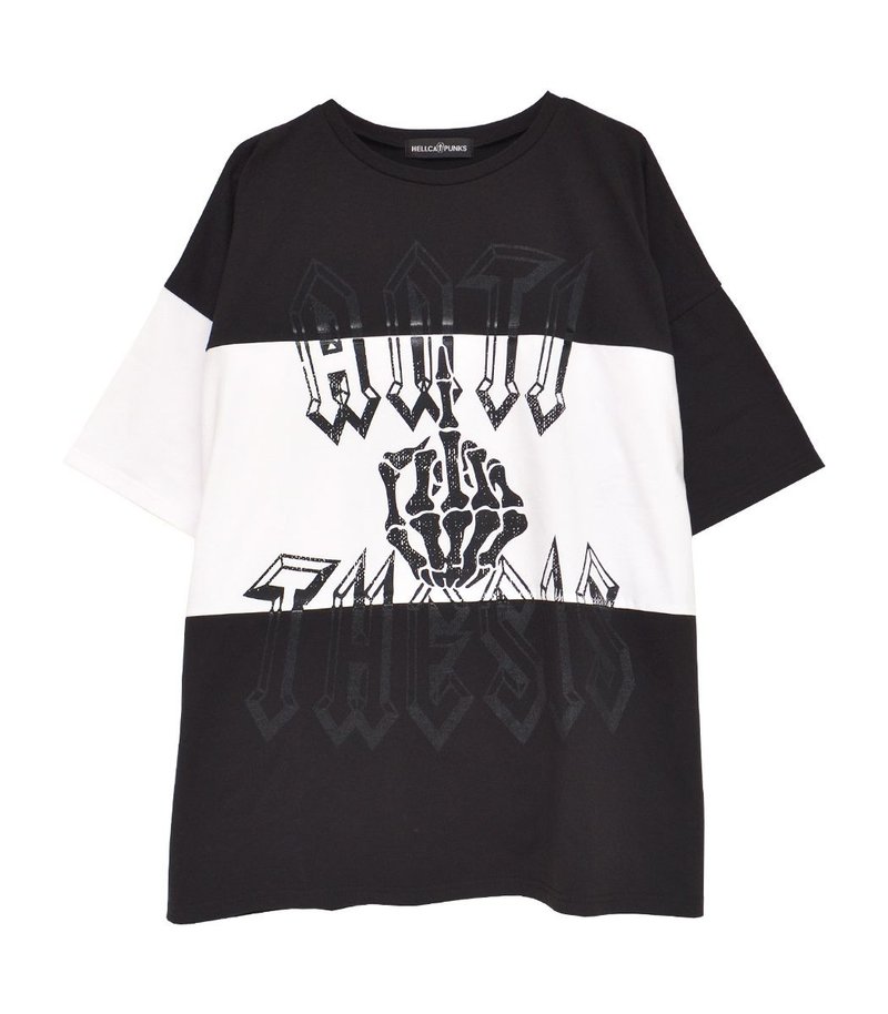 ボーンハンド切り替えビッグTシャツ/ブラック/ホワイト/Fサイズ/hellcatpunks/hcp-t-0119 - 女 T 恤 - 聚酯纖維 黑色