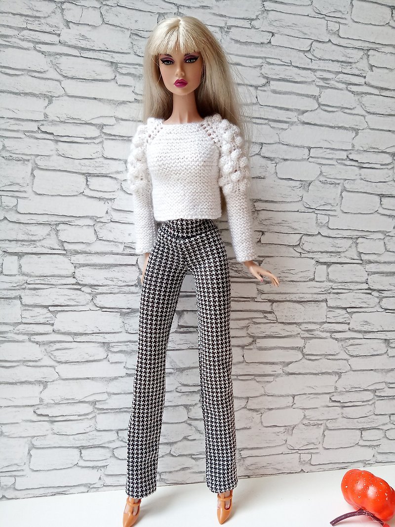 Trousers made of knitted fabric with a black and white pattern for Poppy Parker - ของเล่นเด็ก - เส้นใยสังเคราะห์ 