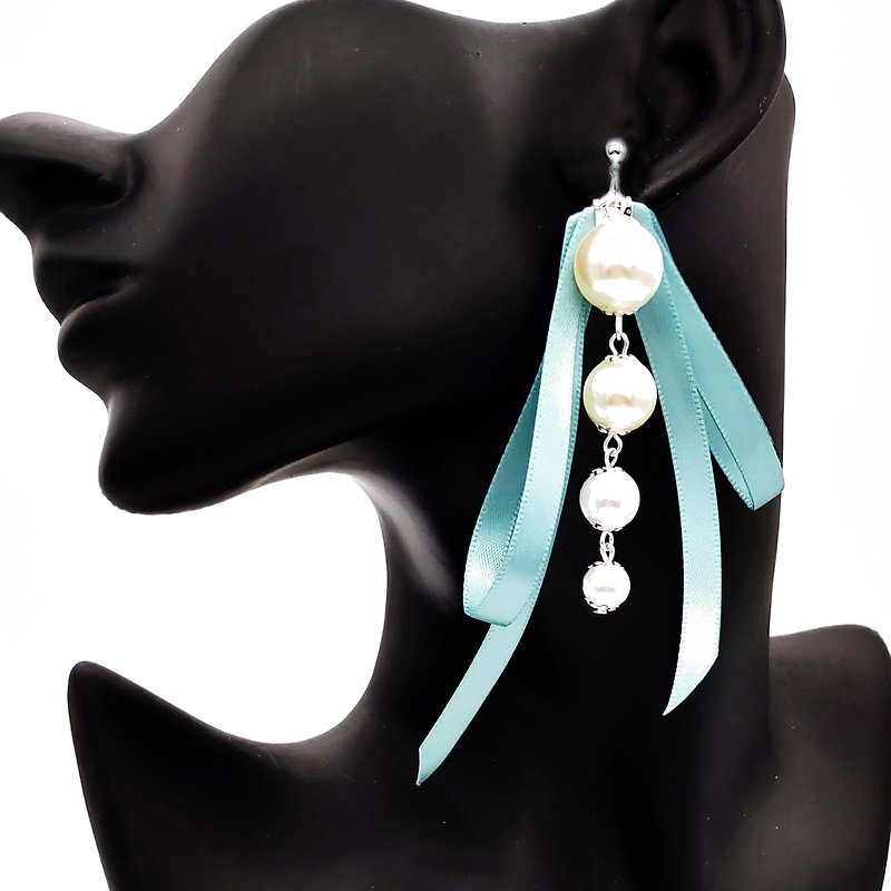 Daqian Design Lake Water Blue Ribbon Bow Pearl Earrings / Clip Gift Valentine's Day - ต่างหู - ผ้าฝ้าย/ผ้าลินิน สีเขียว