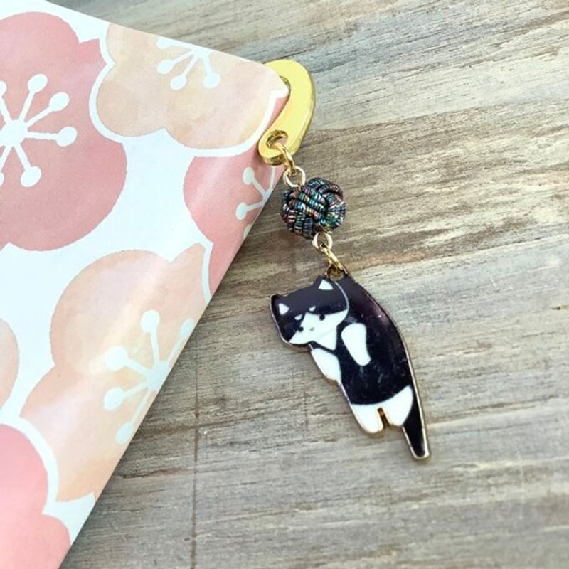 御朱印帳　しおり　水引【つままれにゃんこ】ブックマーカー　白黒　ハチワレ　黒ラメ玉 - 書籤 - 其他金屬 金色