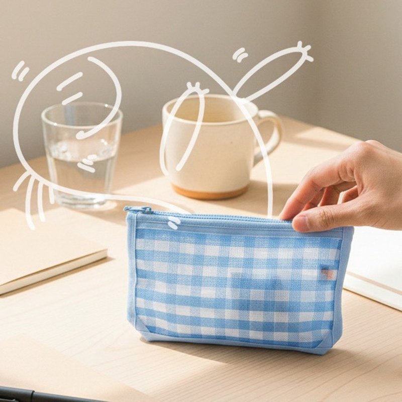 台灣LV-拉鍊包(藍白格-大) - 化妝包/收納袋 - 尼龍 藍色