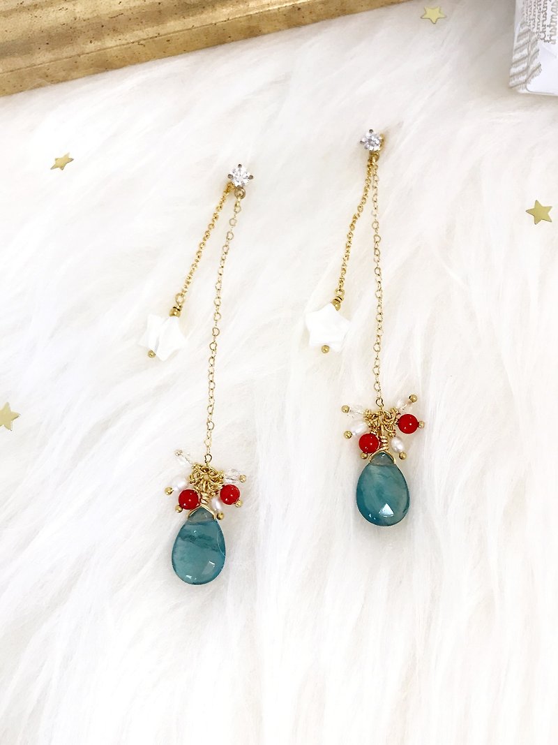 +Blue Fluorite‧Stars·Deep Long Earrings+ - Earrings & Clip-ons - Gemstone Blue