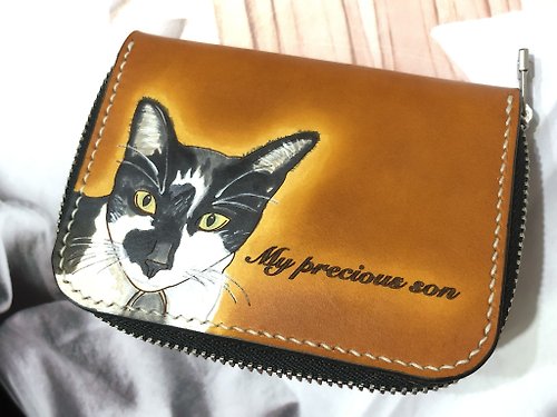 河豚與貓設計 【客製化禮物】貓狗彩繪拉鏈零錢包 真皮全手縫