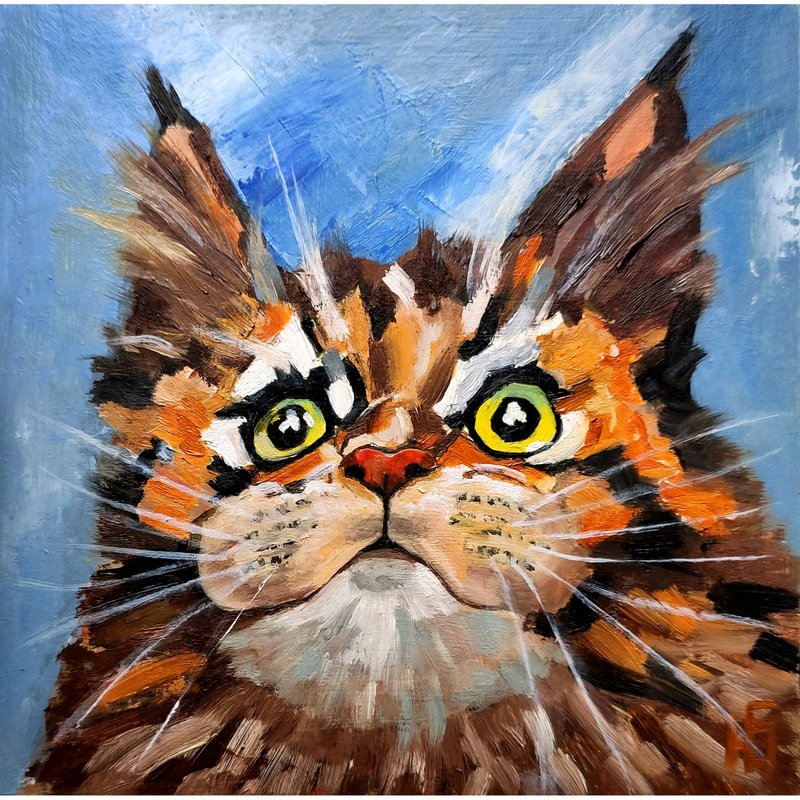 Maine Coon Cat Original Oil Painting Tabby Cat Portrait Art Gift Idea 手工油畫 油畫原作 - 海報/掛畫/掛布 - 其他材質 灰色