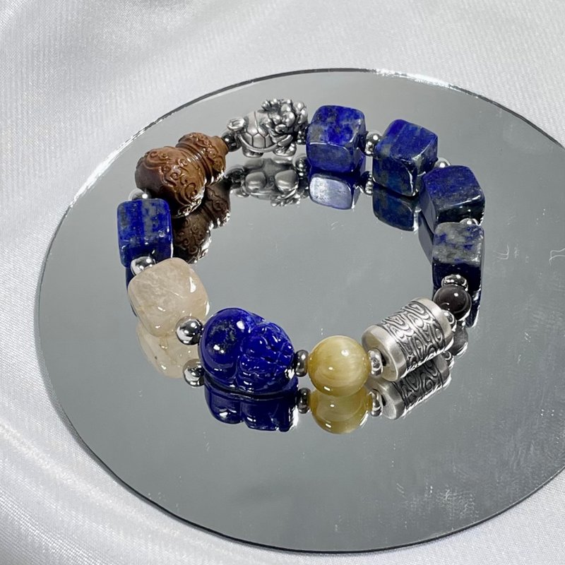 Lapis Lazuli + Gold Titanium Crystal + Yellow Rabbit Fur + Agarwood + Handmade Silver Bracelet Beads and Natural Mineral Crystals - Bracelets - Crystal 