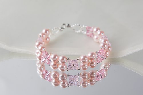 Z Crystals Pink swarovski pearl bracelet, 7 inches and 2 inches chain