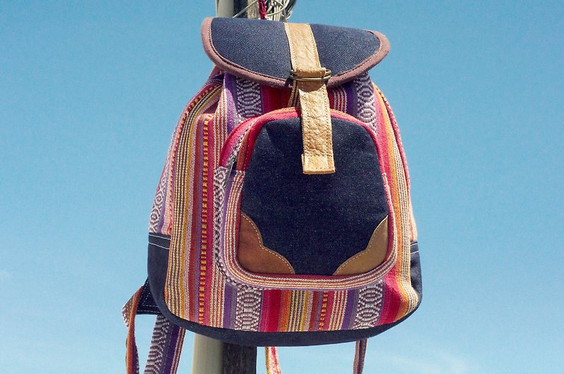Costume backpack / backpack / backpack / backpack / national mountaineering bag / travel backpack / grenade bag / boho wind backpack / striped backpack - Moroccan color national customs cloth + leather + denim - Backpacks - Genuine Leather Multicolor