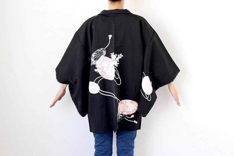 Japanese silk kimono, kimono jacket, traditional kimono, authentic kimono /3947 - ジャケット - シルク・絹 ブラック