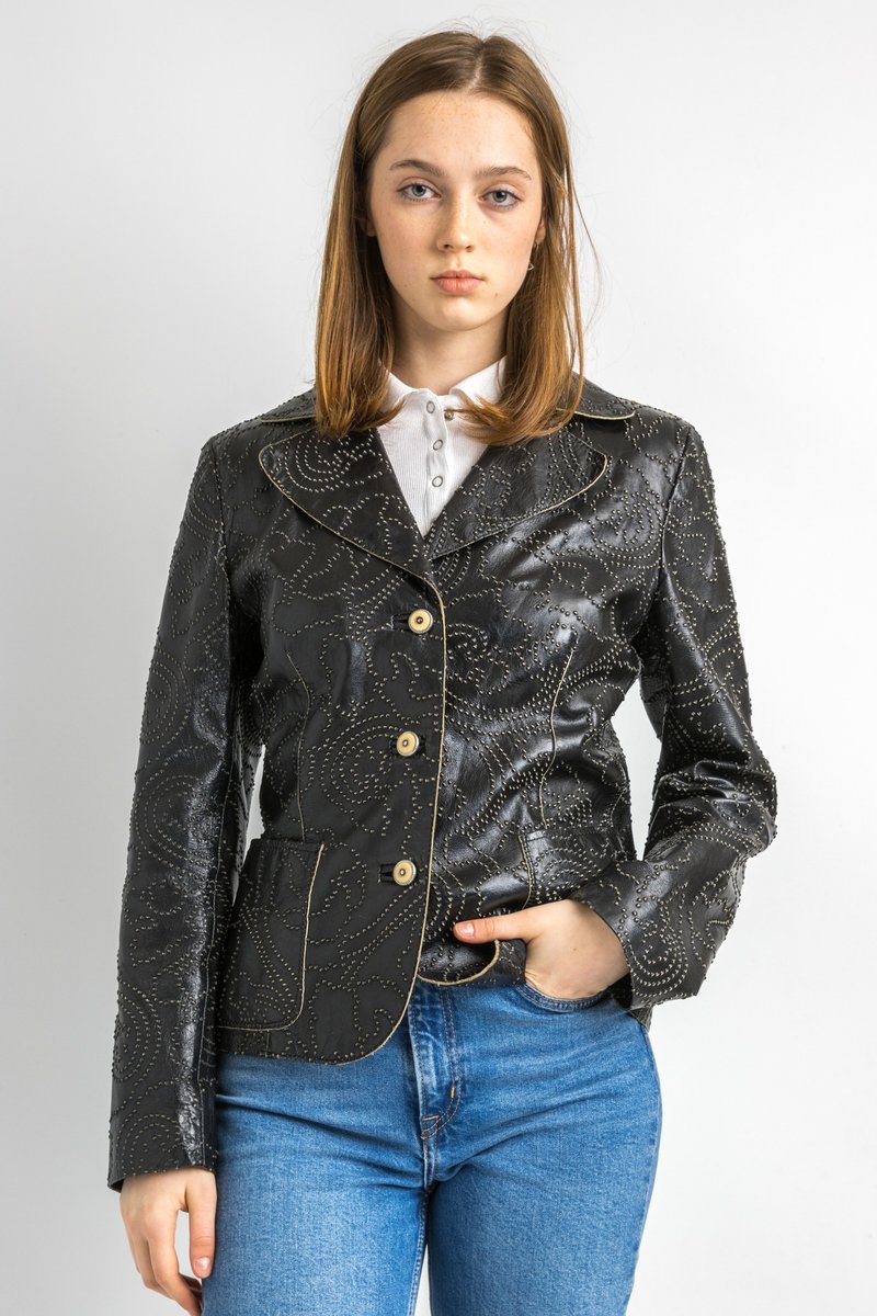 Leather Moto Black Jacket Women Vintage 80s Bomber Biker 5892 - เสื้อแจ็คเก็ต - หนังแท้ สีดำ