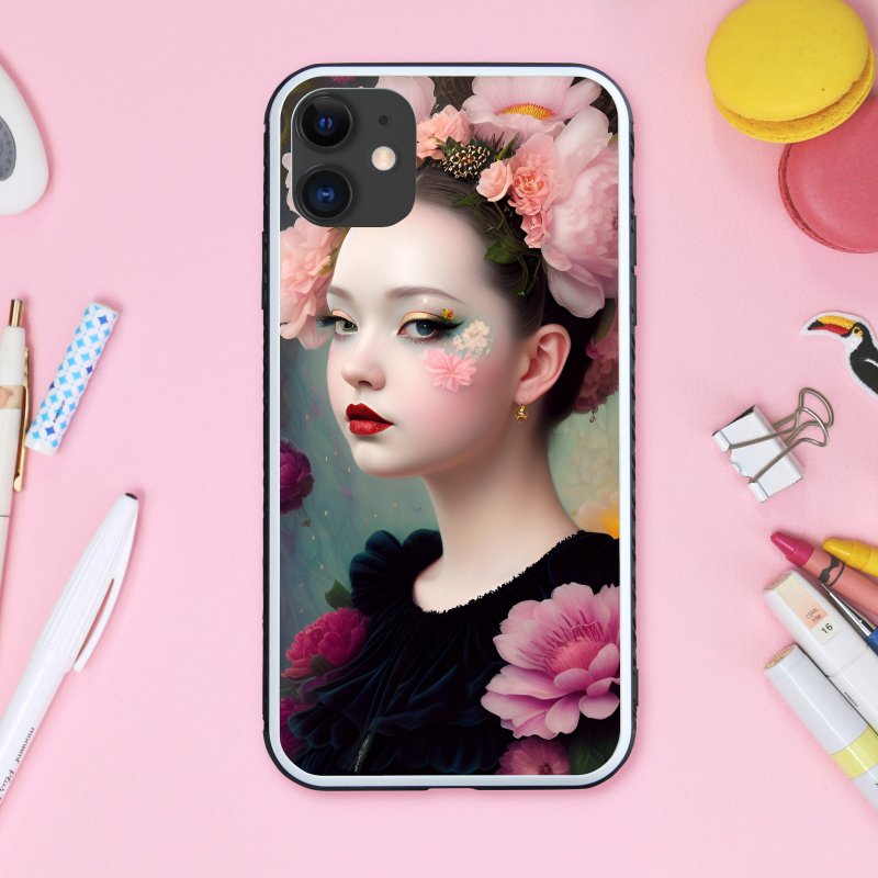 A cute girl in chic clothes and gorgeous gold makeup with a flower lover smartphone case [tempered glass finish] compatible with iPhone 16 - เคส/ซองมือถือ - พลาสติก หลากหลายสี