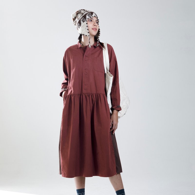 Ruying half-breasted dress with color matching on both sides - One Piece Dresses - Cotton & Hemp Red