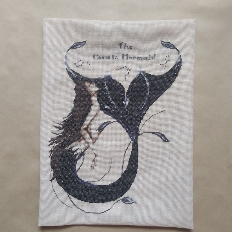 Handmade Space Mermaid Painting Unique Mermaid Wall Art Finished Cross Stitch - 壁貼/牆壁裝飾 - 棉．麻 黑色