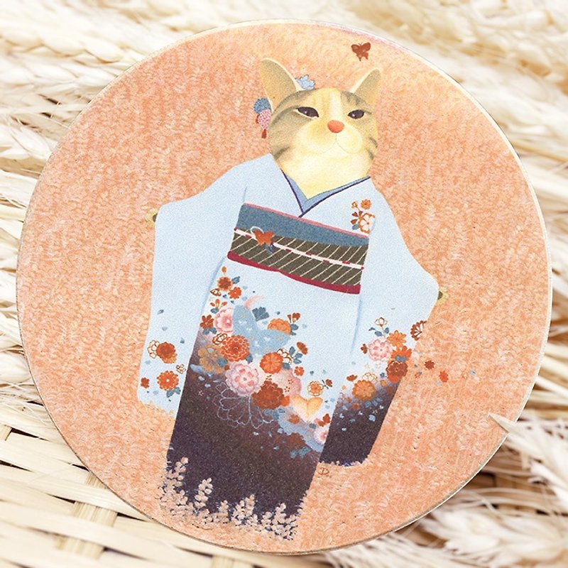 Kitty Ukiyo-e-Eichhornia cat/Ceramic water coaster - Coasters - Pottery Multicolor