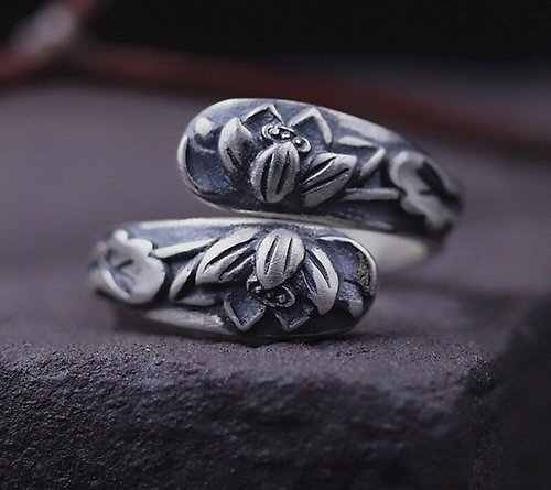 garyjewelry Real 990 Fine Silver Women Ethnic Rings Handmade Embossed Lotus Flower Finger