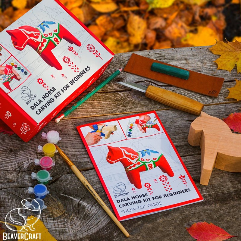 手作り彫刻材料パッケージ - Dala Horse - 木工/竹細工/ペーパークラフト - 木製 レッド