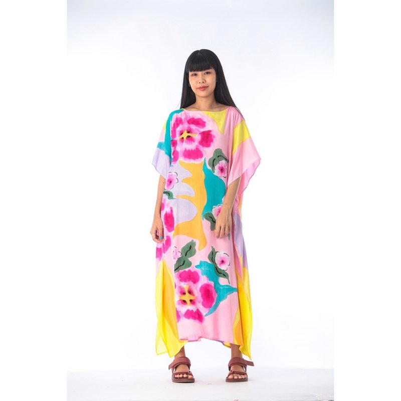 Hand Painted Cotton Silk Kaftan for Summer Resort Vacation F - 洋裝/連身裙 - 棉．麻 粉紅色
