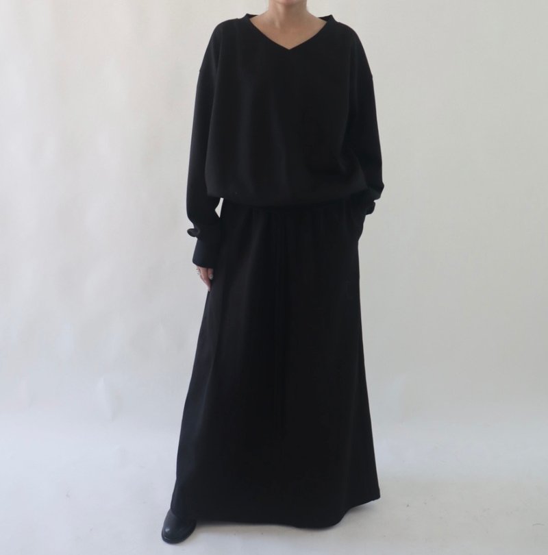 Embroidered Logo Drawstring Long Skirt - 裙子/長裙 - 棉．麻 