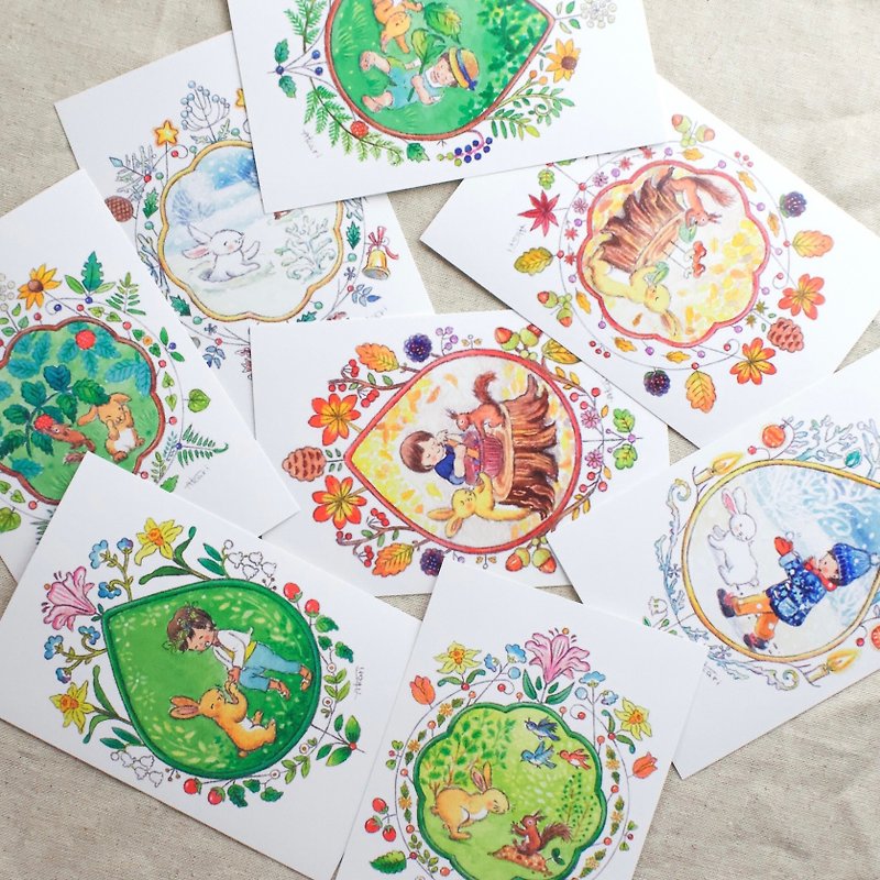 Postcard spring, summer, autumn, winter emblem set - การ์ด/โปสการ์ด - กระดาษ 