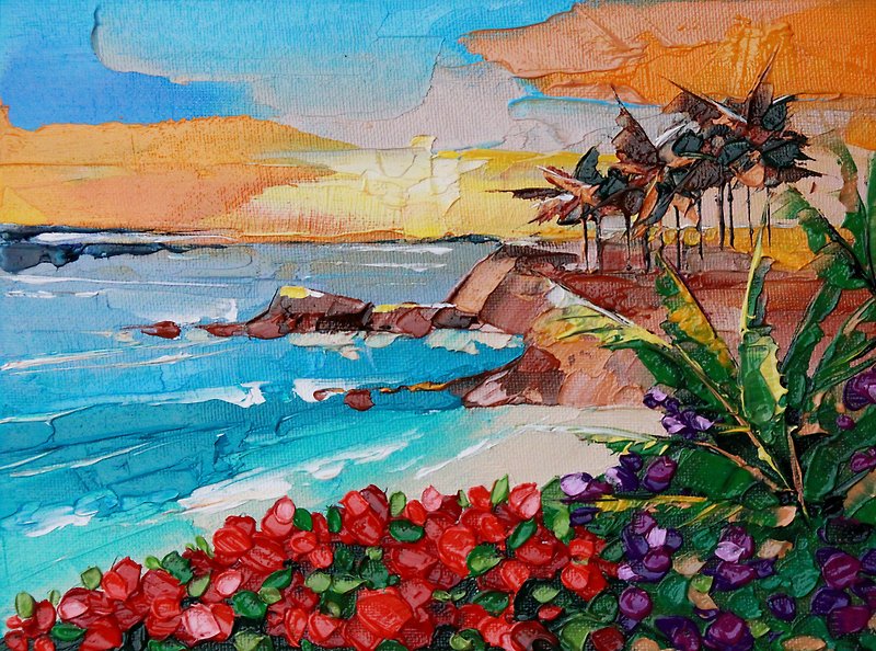Laguna Beach Painting California Landscape Original Art Impasto Artwork - โปสเตอร์ - โลหะ สีน้ำเงิน