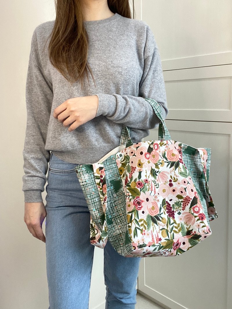 拼色布托特包 手拿側背兩用 - 側背包/斜背包 - 棉．麻 綠色