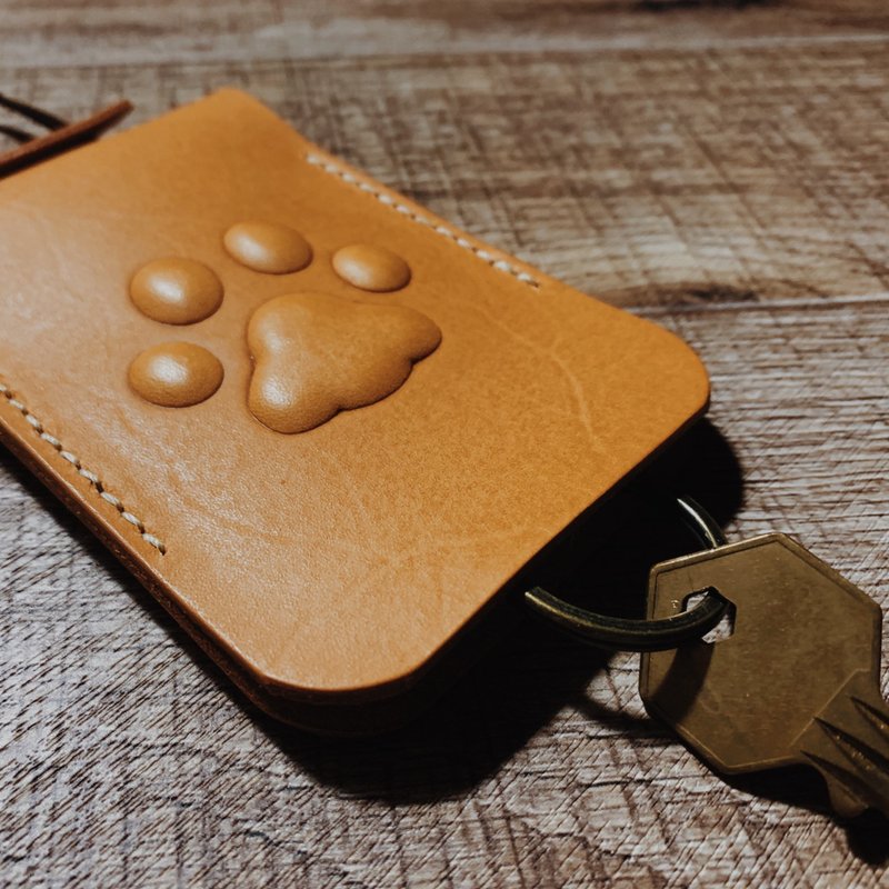 [Customized] Leather key bag [Cat paw meat ball key bag] Caramel tea customized gift card holder - Keychains - Genuine Leather Orange