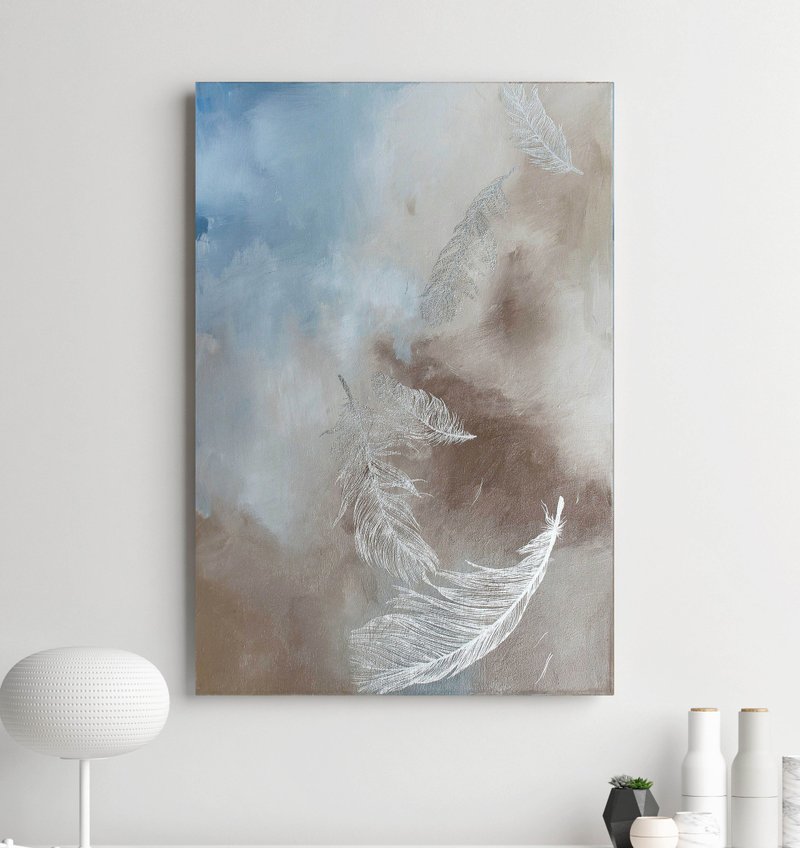 Blue beige abstract | Blue beige painting Beige light blue painting | Weightless - 壁貼/牆壁裝飾 - 棉．麻 藍色