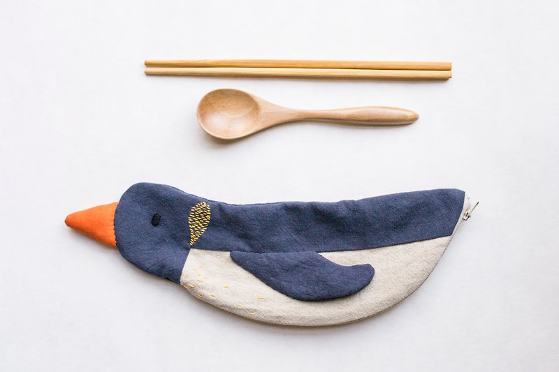 Penguin travel cutlery pouch case - Slate Blue - ตะเกียบ - ผ้าฝ้าย/ผ้าลินิน หลากหลายสี