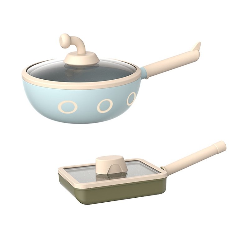 【Taste Plus】Yuewei KIDS Parent-child Pot Series 22 Submarine Wok + 18 Tank Jade Pot - Pots & Pans - Aluminum Alloy Blue