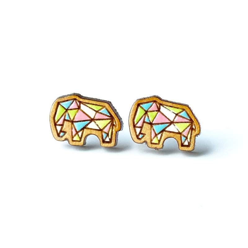 Painted wood earrings-Geometric elephant (Colorful) - Earrings & Clip-ons - Wood Multicolor
