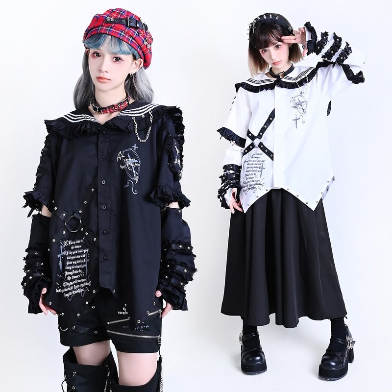 原創和洋見習惡魔荷葉邊鉚釘愛心布章水手服短袖襯衫附袖套JJ2531 - 女襯衫 - 聚酯纖維 