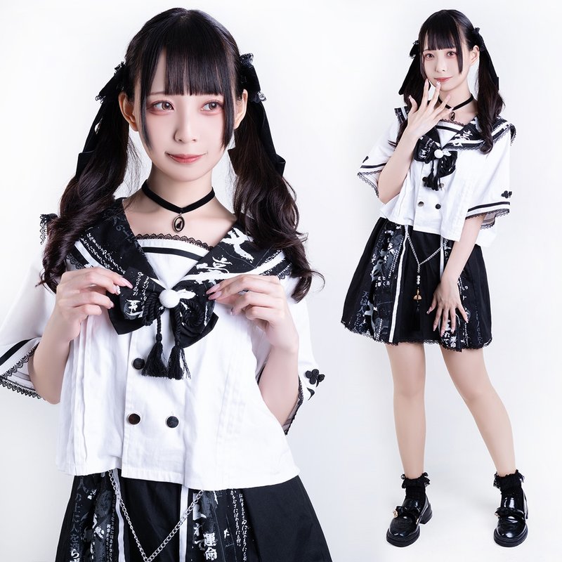 animecore Rashomon suave kanji print double breasted sailor uniform dress JJ2493 - ชุดเดรส - ผ้าฝ้าย/ผ้าลินิน 