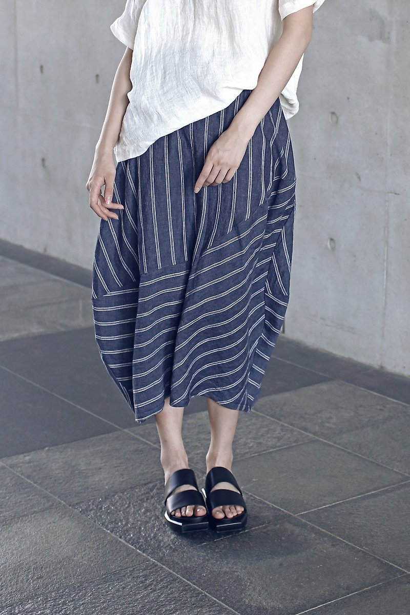 【Made-to-order】Ramie Dress (Stripe) - Skirts - Cotton & Hemp Blue