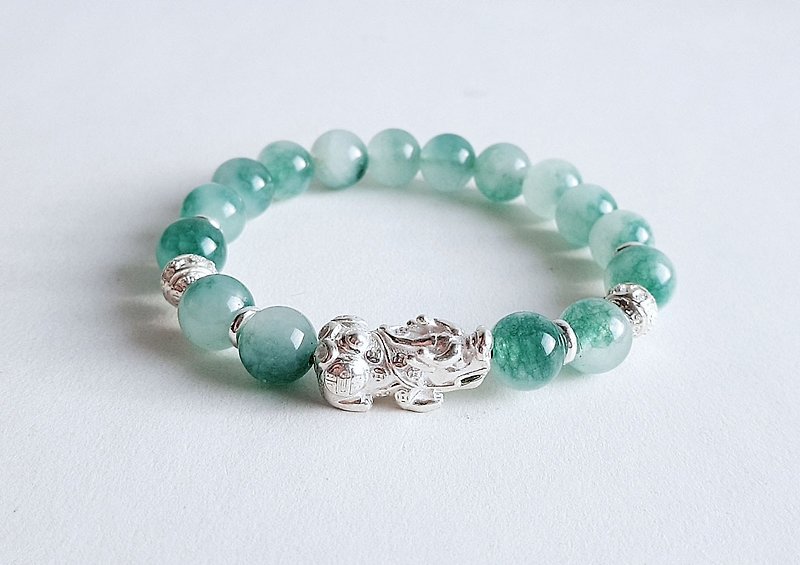 Gemstone Natural Ore Floating Jadeite 925 Sterling Silver 貔貅 Bracelet - Bracelets - Gemstone Green
