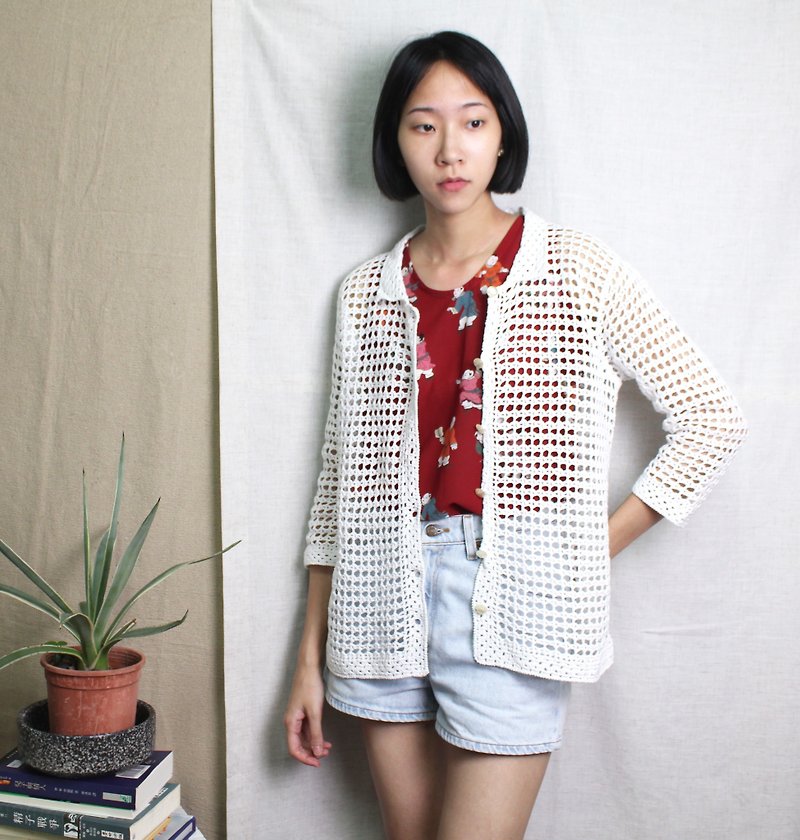 FOAK vintage white collar collar checkered crocheted jacket - Women's Casual & Functional Jackets - Other Materials 
