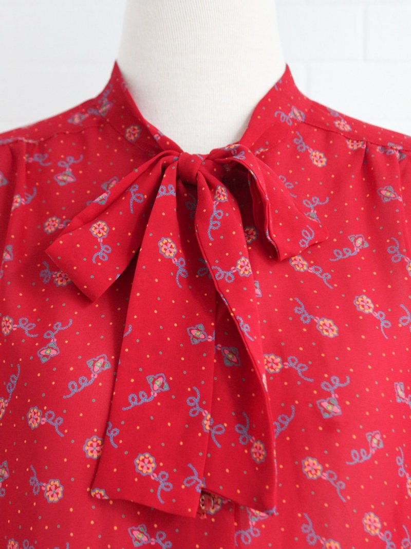 復古日本製秋季寬鬆碎花幾何花朵領結紅色長袖古著襯衫 - 恤衫 - 聚酯纖維 紅色