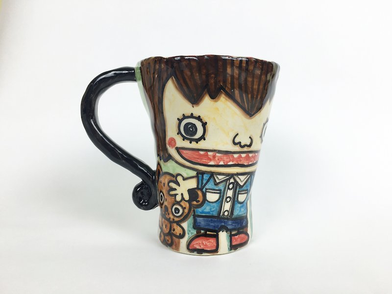 Nice Little Clay hand bell boy and dog cup _ 5 - Mugs - Pottery Multicolor