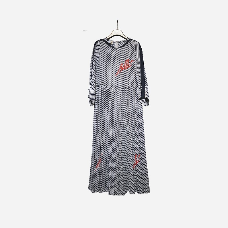 Dislocation vintage / blue and white stripes pleated dress no.1093 vintage - ชุดเดรส - วัสดุอื่นๆ สีน้ำเงิน