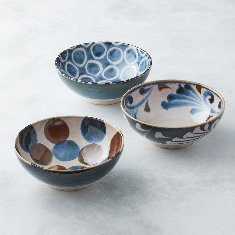 Japanese Mino-yaki-Pen Celadon Painted Bowl Set (3 Pieces)-Gift Box Set - Bowls - Porcelain Multicolor