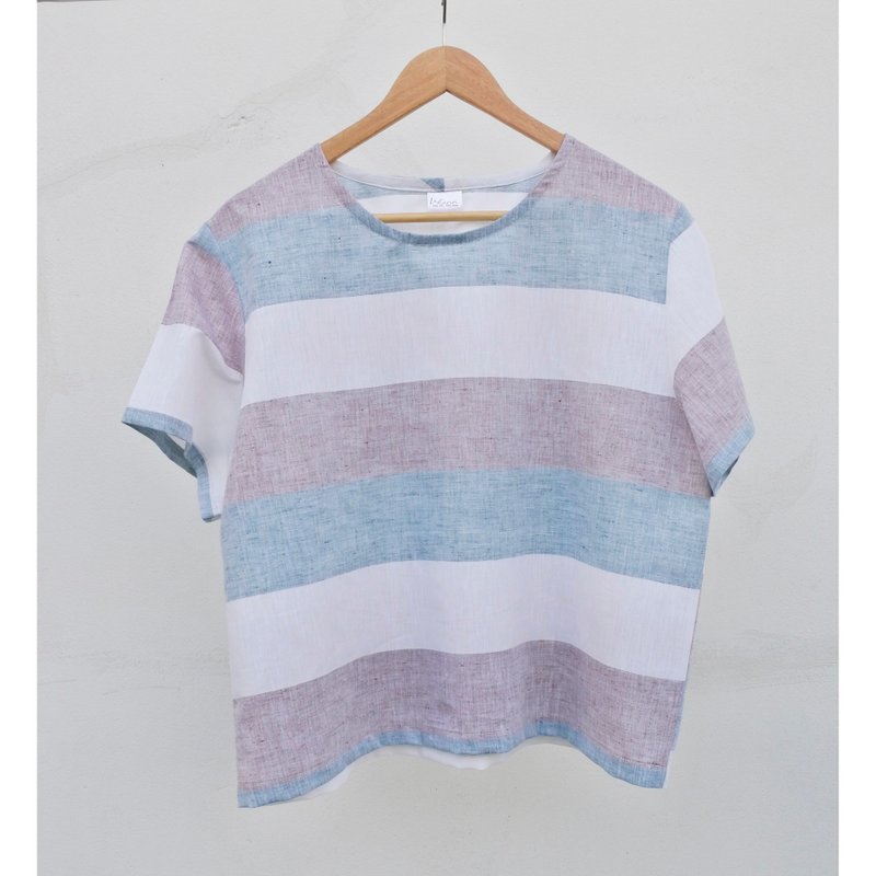 棉 | 條紋圓領短袖上衣 - 女上衣/長袖上衣 - 棉．麻 白色