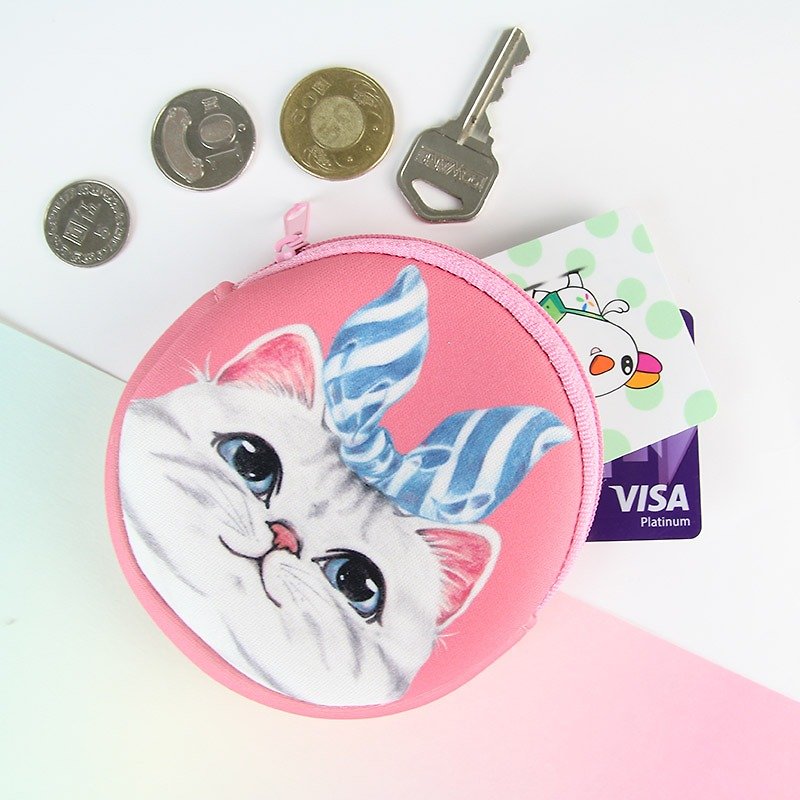 I money wallet hand painted wind series -H3 blue ribbon cat American short-haired cat pet pink - Coin Purses - Waterproof Material Pink