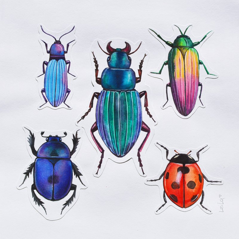 Beetles Original Watercolor Painting Modern Painting Bug 25x25cm - Illustration, Painting & Calligraphy - Paper Blue