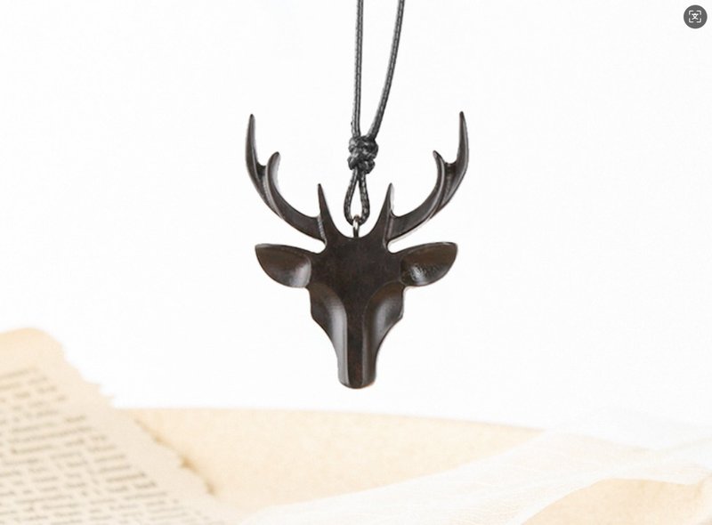 Simple handmade wooden deer head sandalwood pendant necklace - Necklaces - Wood Black