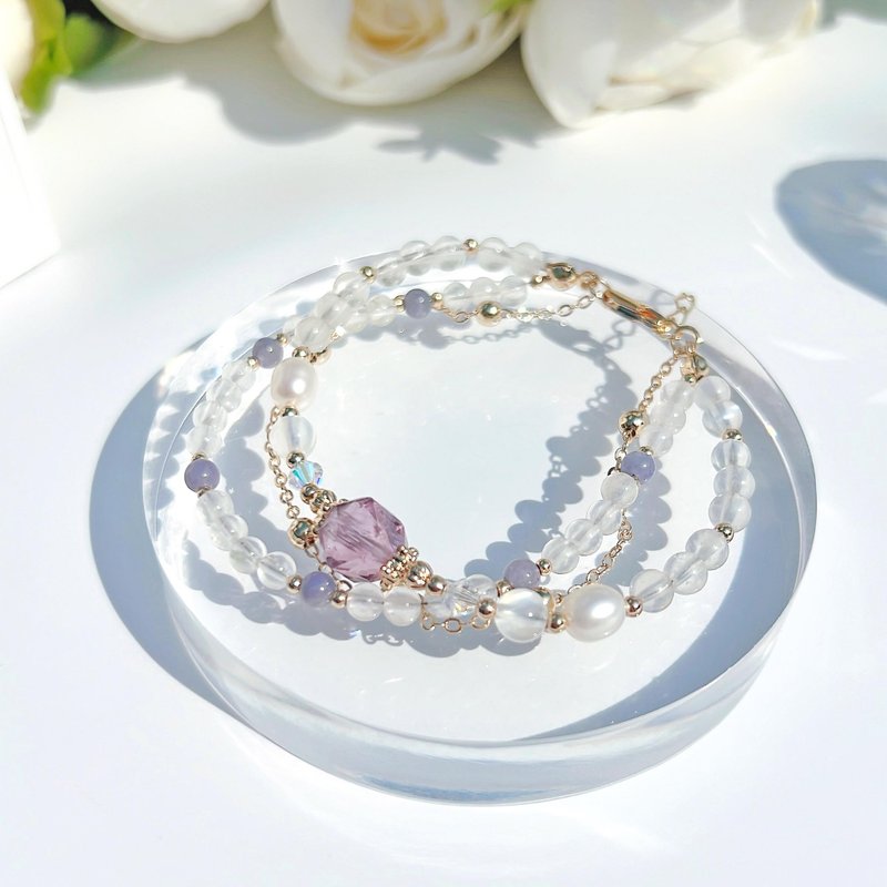 Diamond-cut amethyst | Moonstone | Stone| Natural freshwater pearl 14K gold-filled three-layer bracelet - Bracelets - Crystal Gold