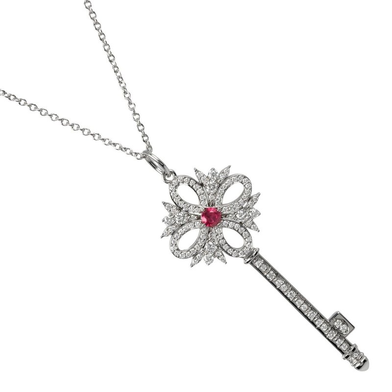 【日本直送】ティファニー TIFFANY&Co. ビクトリア キー ミディアム ネックレス Pt950プラチナ ダイヤモンド ルビー【中古】Aランク - 項鍊 - 貴金屬 銀色
