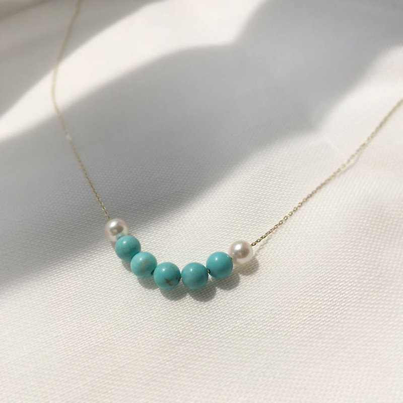 K10 YG Turquoise and Pearl Necklace - 項鍊 - 珍珠 藍色