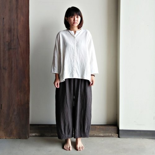 Feliz & Recap 小V領八分袖衫 亞麻 白