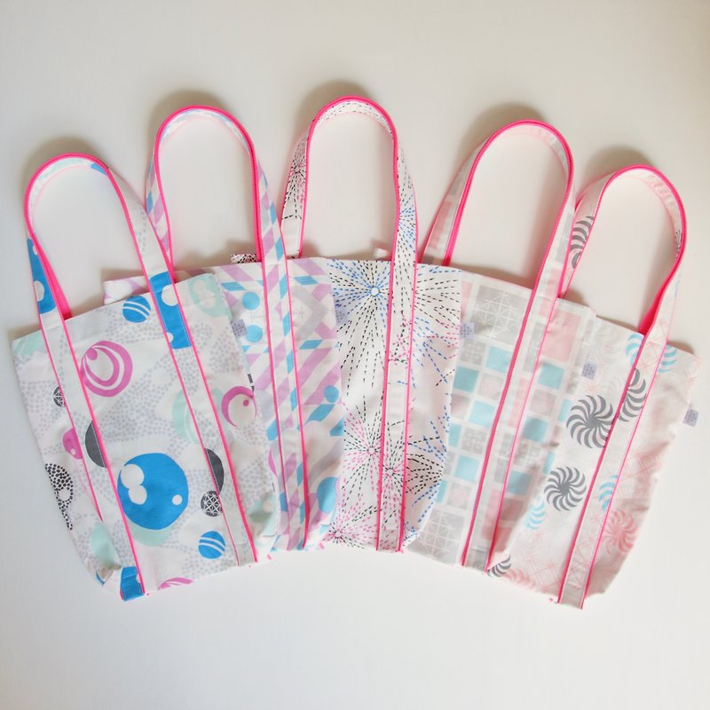 【Mini tote bag】5 patterns (pink tape) - Handbags & Totes - Cotton & Hemp Multicolor